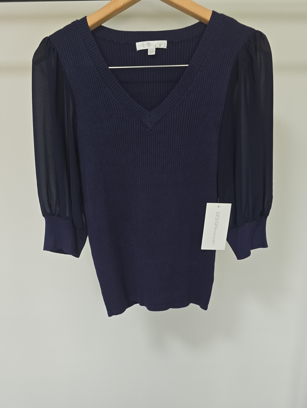 Design History Navy V-Neck Sheer Puff Sleeve Top